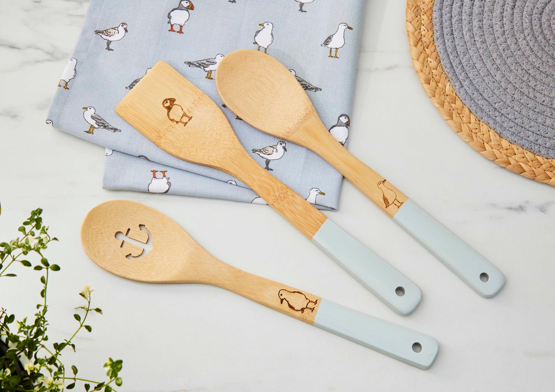 Cooksmart Coastal Birds Set of 3 Bamboo Utensils Cooksmart England