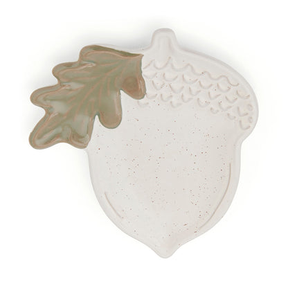 Cartco Cooksmart Forest Fable ceramic acorn tea bag tidy with a sage green oak leaf detail and speckled finish.