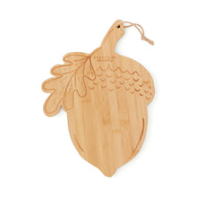 Cooksmart Forest Fable acorn-shaped bamboo board with engraved oak leaf and acorn details and twine hanging loop
