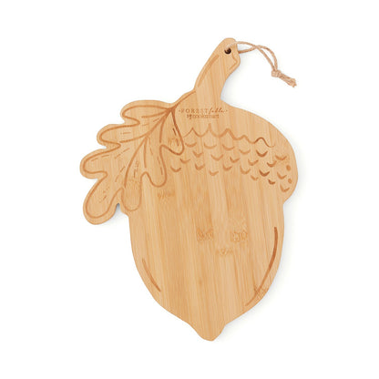 Cooksmart Forest Fable acorn-shaped bamboo board with engraved oak leaf and acorn details and twine hanging loop