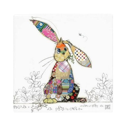 Cartco Bug Art Binky Bunny ceramic coaster featuring a colorful patchwork rabbit illustration and cork backing.