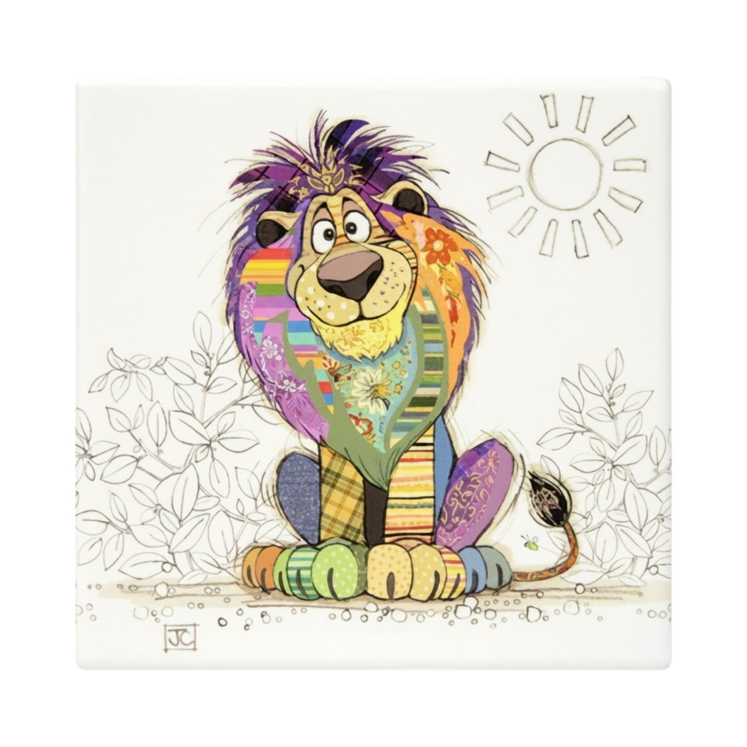 Cartco Bug Art Louis Lion square ceramic coaster with a colourful patterned lion illustration and cork backing.