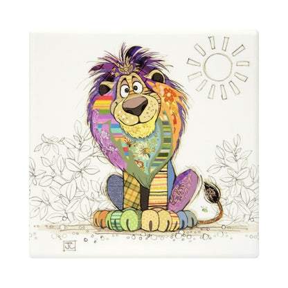 Cartco Bug Art Louis Lion square ceramic coaster with a colourful patterned lion illustration and cork backing.