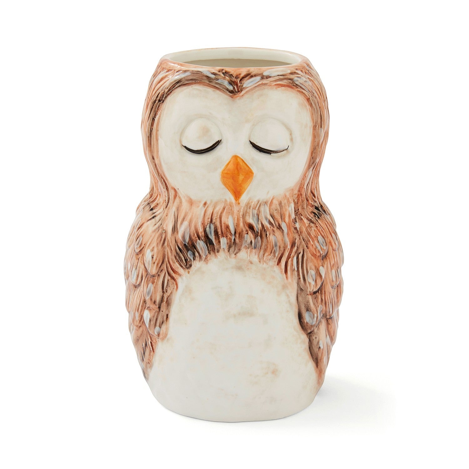 Cartco ceramic owl utensil pot with detailed brown and white feather texture and a peaceful closed-eye expression.