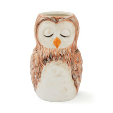 Cartco ceramic owl utensil pot with detailed brown and white feather texture and a peaceful closed-eye expression.