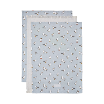 Cartco Cooksmart Coastal Birds 3 pack tea towels in blue cotton-linen blend with hanging loops