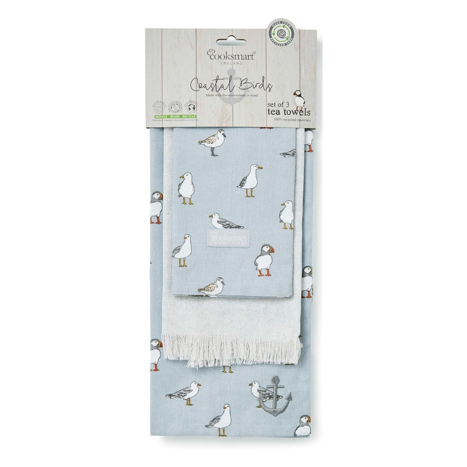 Cartco Cooksmart Coastal Birds 3 pack tea towels in light blue cotton-linen blend with bird and anchor print