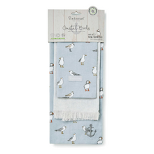 Cartco Cooksmart Coastal Birds 3 pack tea towels in light blue cotton-linen blend with bird and anchor print