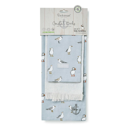 Cartco Cooksmart Coastal Birds 3 pack tea towels in light blue cotton-linen blend with bird and anchor print