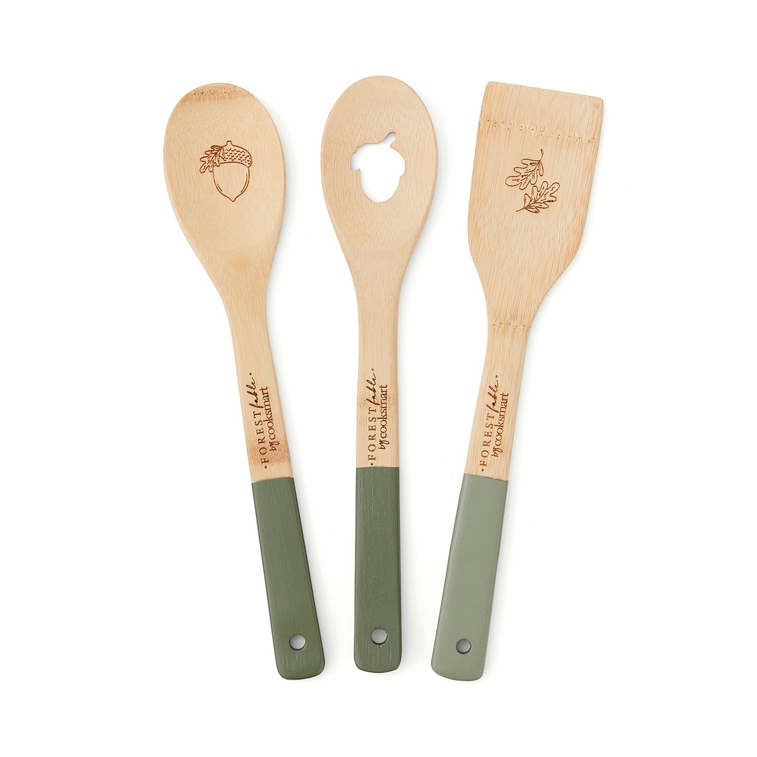 Cooksmart Forest Fable set of three bamboo utensils with sage green handles and acorn and oak leaf details