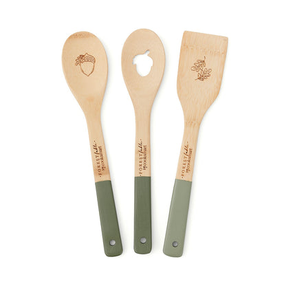 Cooksmart Forest Fable set of three bamboo utensils with sage green handles and acorn and oak leaf details