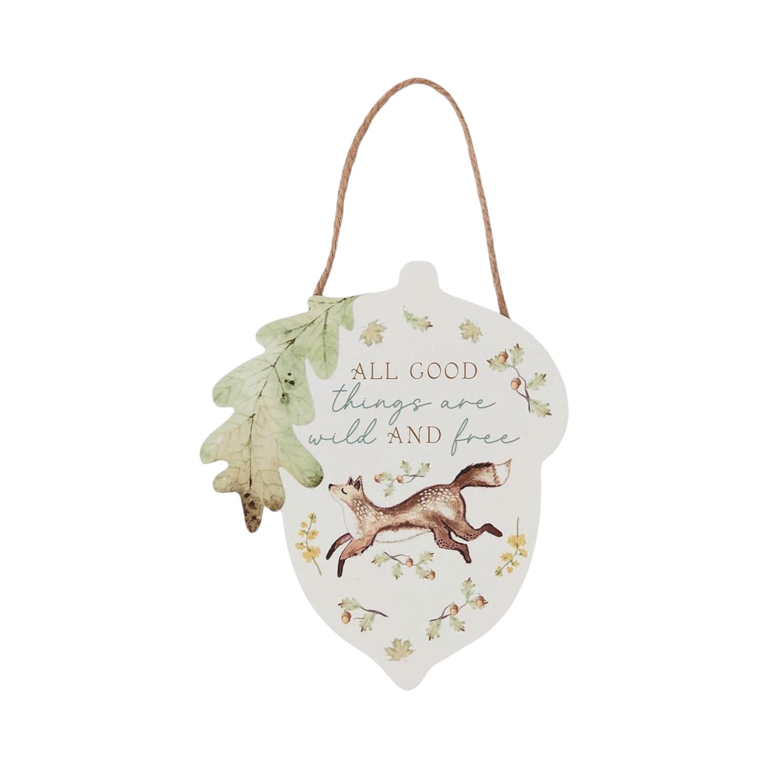 Cooksmart Forest Fable acorn plaque with running fox, oak leaves, acorns and All Good Things Are Wild And Free text