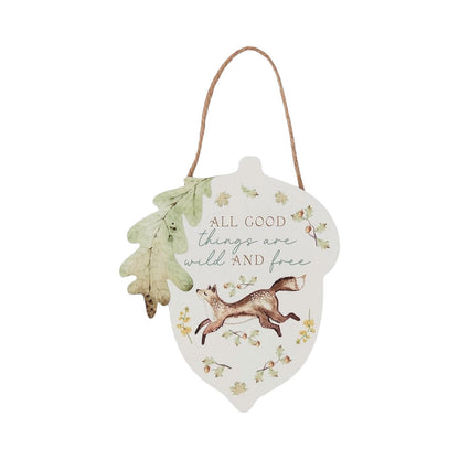 Cooksmart Forest Fable acorn plaque with running fox, oak leaves, acorns and All Good Things Are Wild And Free text