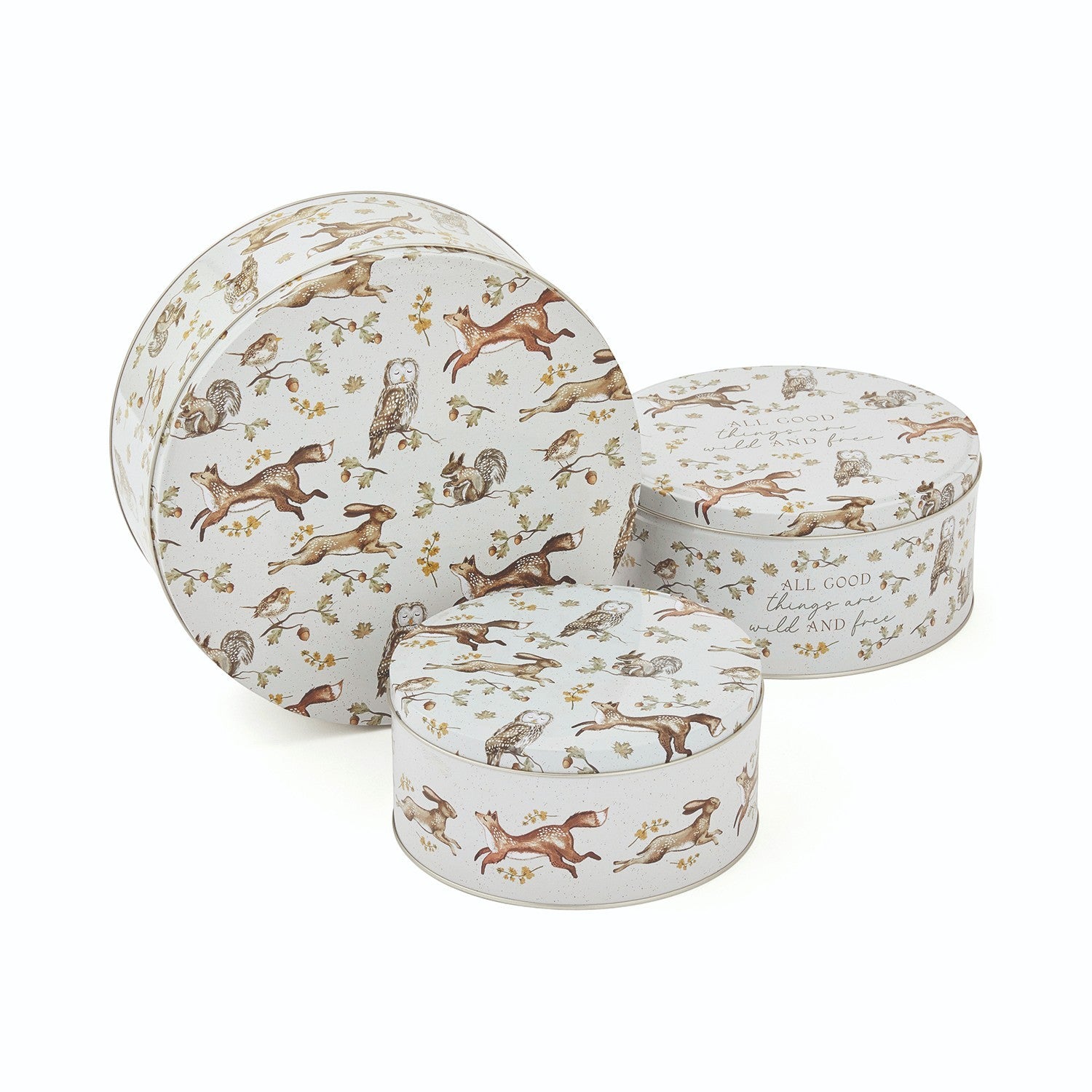 Cooksmart Forest Fable set of 3 round nesting cake tins with foxes, hares, owls, squirrels and woodland foliage