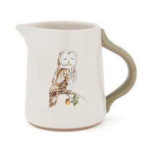 Cartco Cooksmart Forest Fable ceramic jug with a speckled cream glaze, sage green handle, and owl illustration.