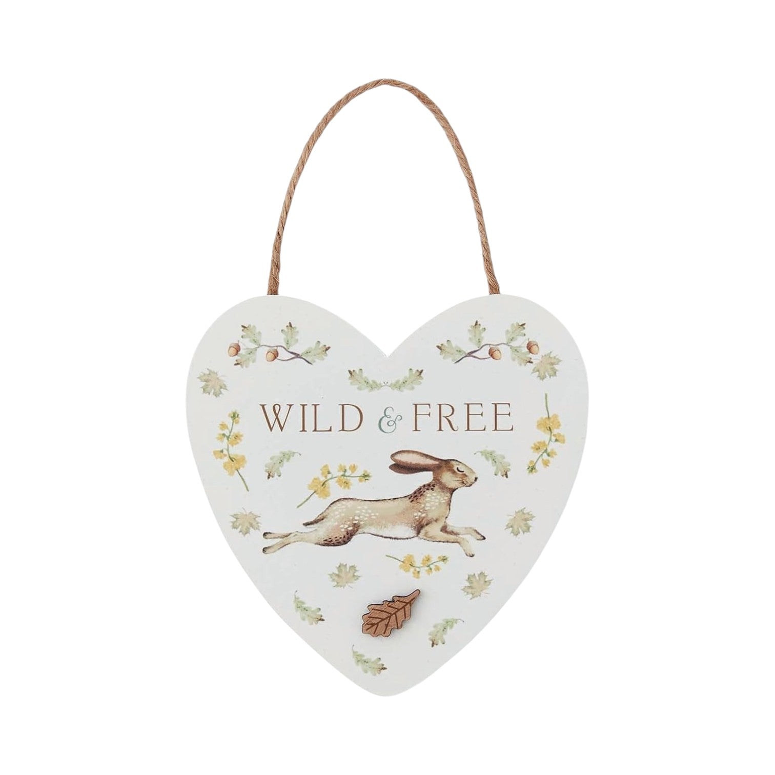 Cooksmart Forest Fable heart plaque with running hare, oak leaves, acorns and Wild & Free text