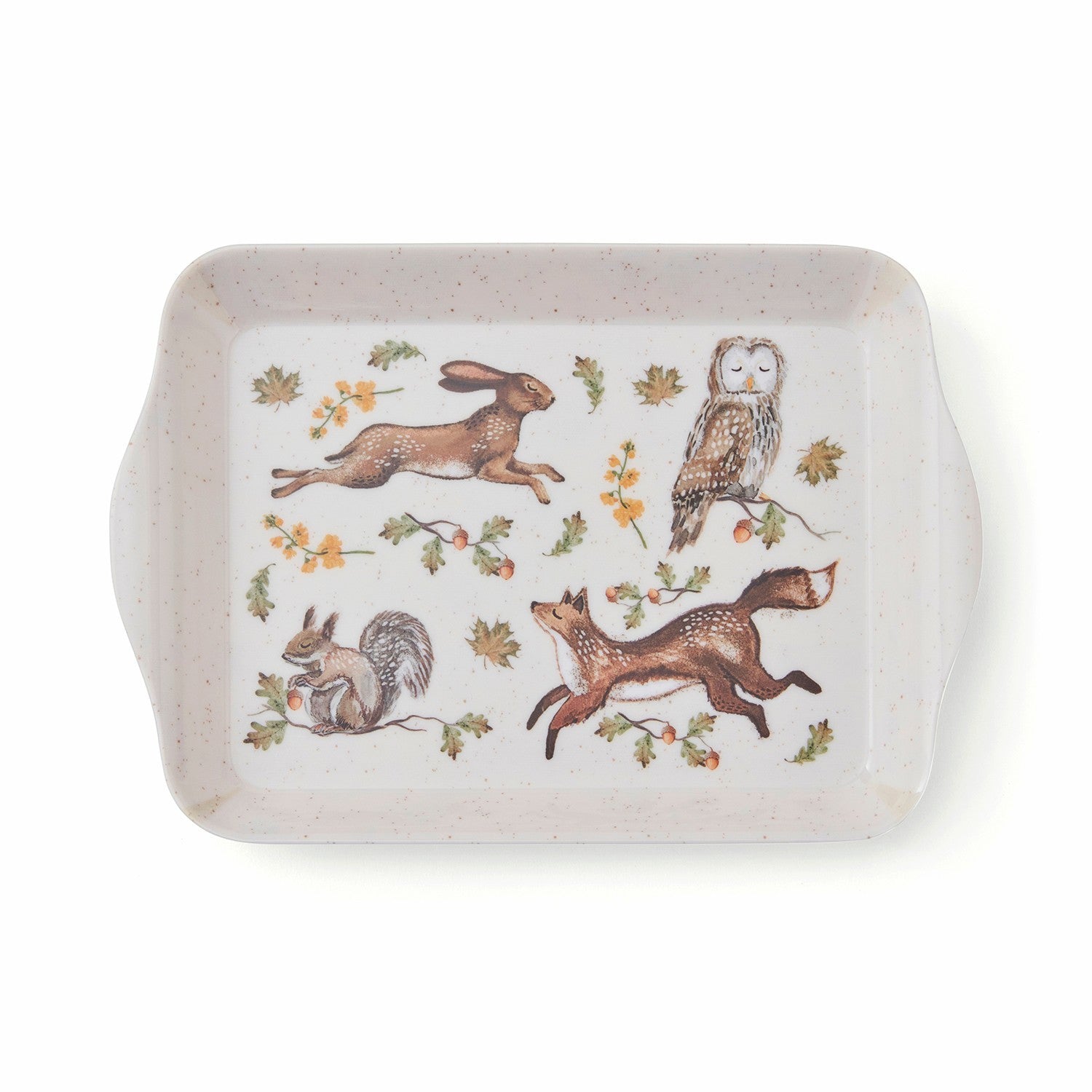 Cartco Cooksmart Forest Fable scatter tray featuring a cream speckled finish with woodland animal illustrations.