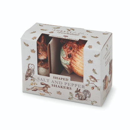 Cartco Cooksmart Forest Fable ceramic salt and pepper shaker set featuring sculpted squirrel and acorn designs in box