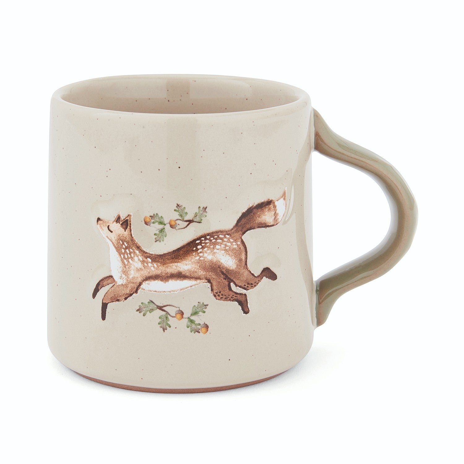 Cartco Cooksmart Forest Fable ceramic mug with a running fox, oak leaves, and acorns on a speckled cream background.
