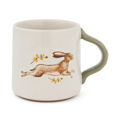Cartco Cooksmart Forest Fable ceramic mug with a running hare illustration, speckled cream glaze, and sage green handle