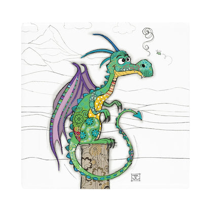 Cartco Bug Art Duncan Dragon ceramic coaster featuring a colourful patterned green dragon illustration