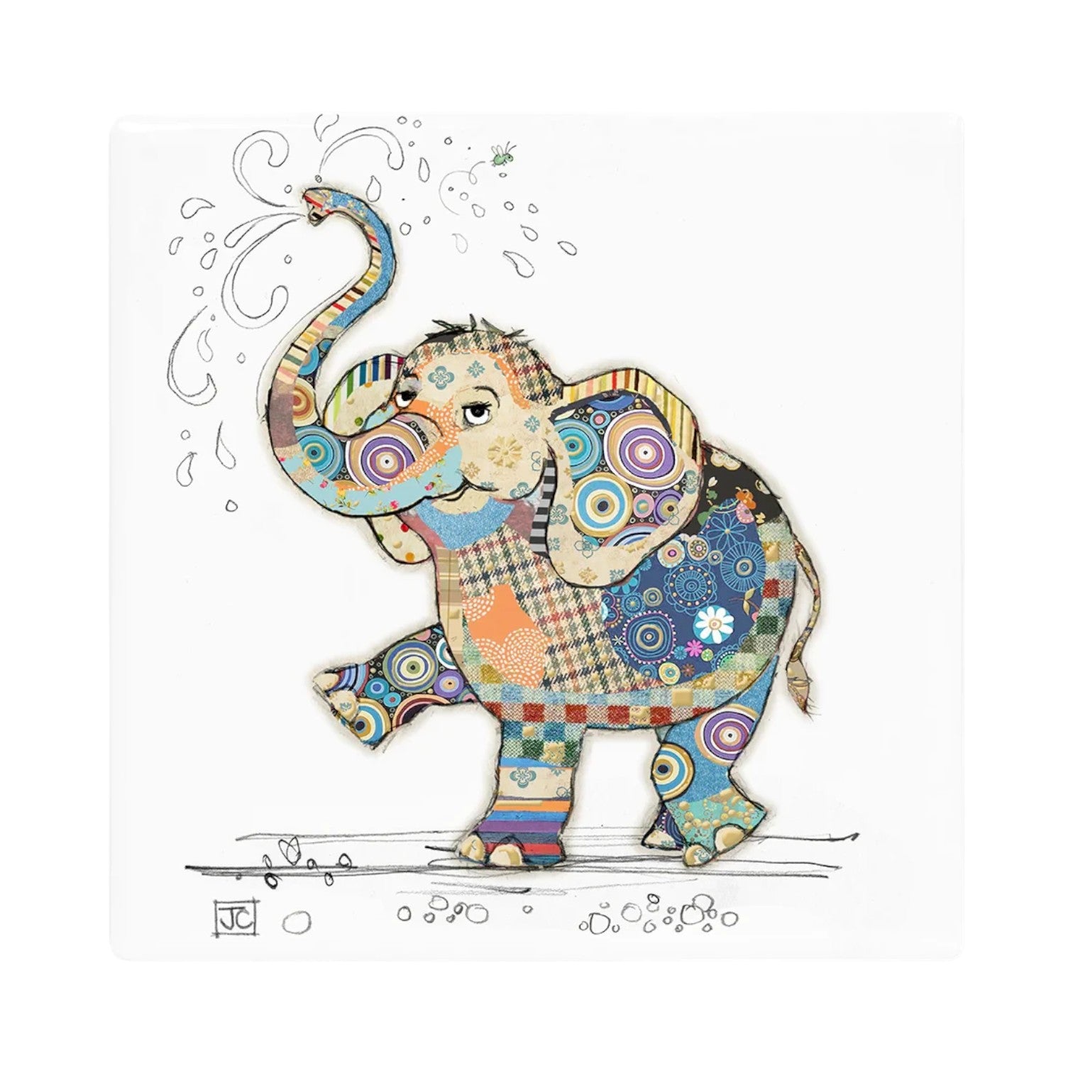 Cartco Bug Art Eddie Elephant ceramic coaster with a colourful patterned elephant illustration and cork backing.