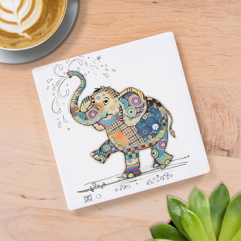 Cartco Bug Art Eddie Elephant square ceramic coaster with colourful patterned illustration and cork backing.