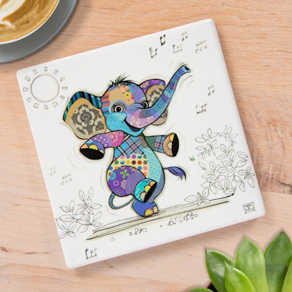 Cartco Bug Art Elly Elephant square ceramic coaster with a colourful patchwork elephant illustration