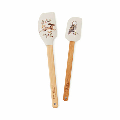 Cooksmart Forest Fable set of two spatulas with bamboo handles, running hare and owl woodland illustrations
