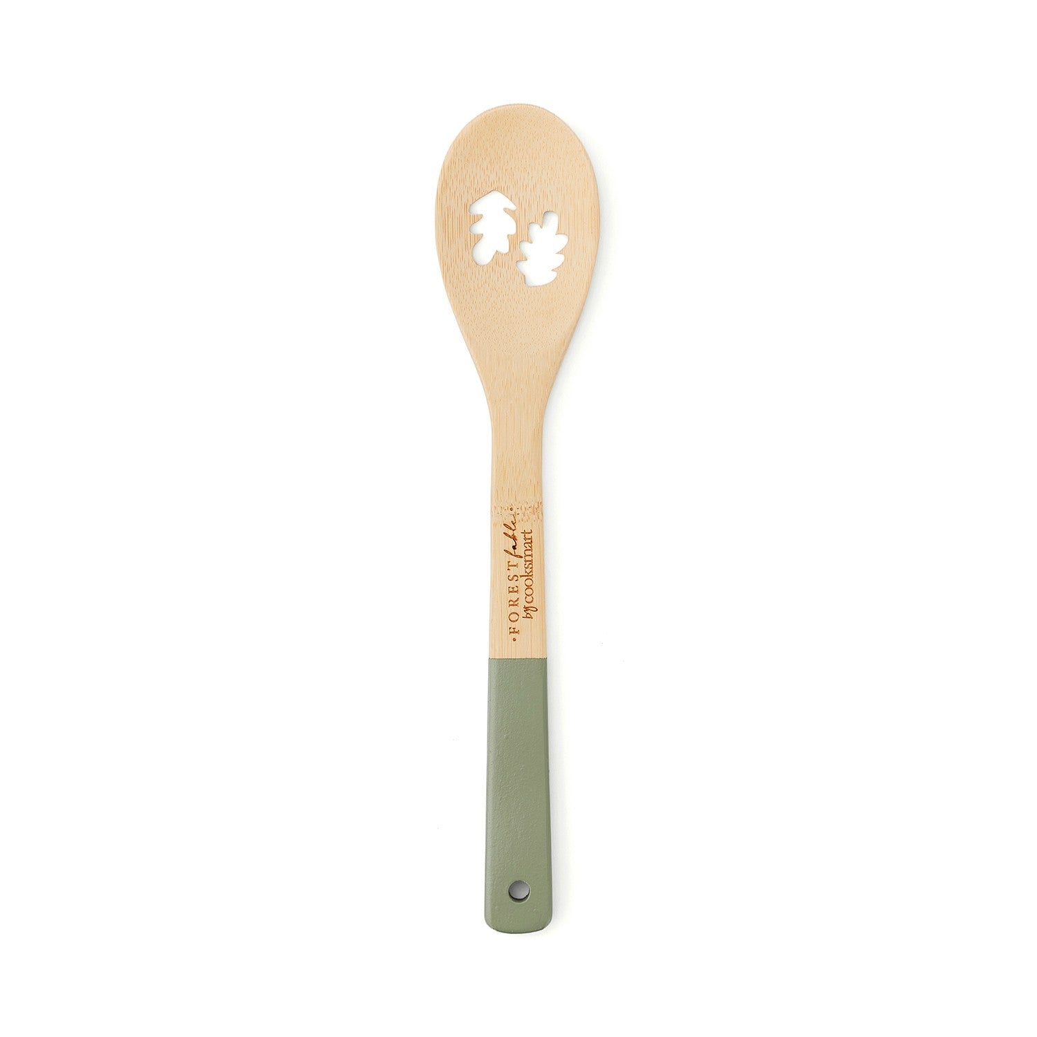Cooksmart Forest Fable bamboo spoon with leaf-shaped cut-outs and sage green painted handle
