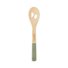 Cooksmart Forest Fable bamboo spoon with leaf-shaped cut-outs and sage green painted handle