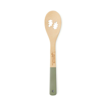 Cooksmart Forest Fable bamboo spoon with leaf-shaped cut-outs and sage green painted handle