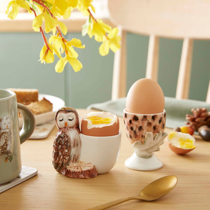 Cartco Cooksmart Forest Fable ceramic egg cups featuring a sculpted owl and an acorn design on a wooden table.