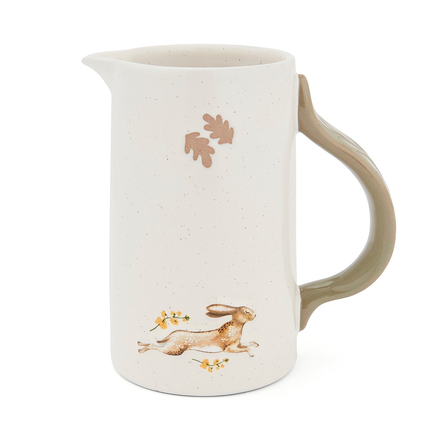 Cartco Cooksmart Forest Fable ceramic jug with a speckled cream glaze, sage green handle, and running hare design.