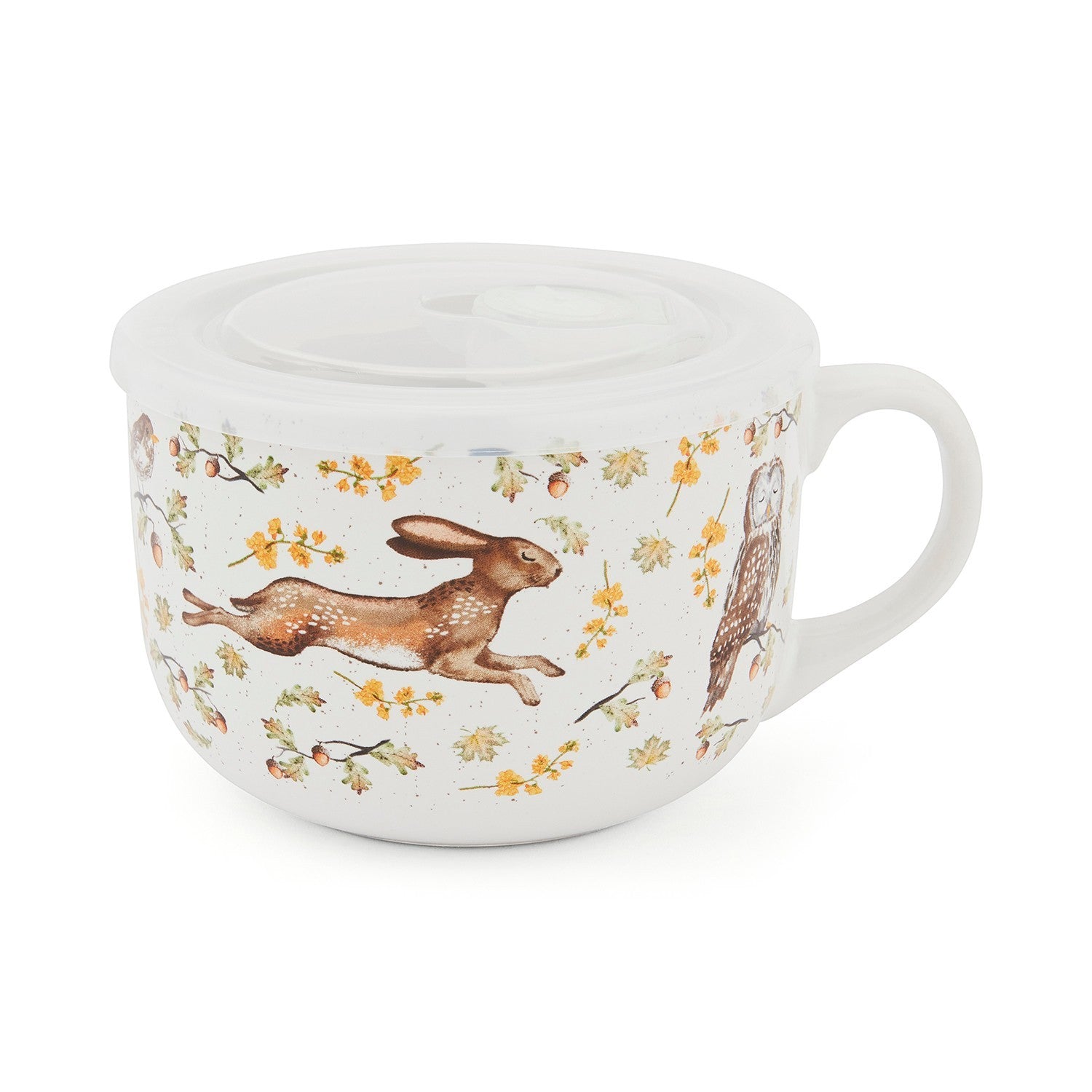 Cartco Cooksmart Forest Fable ceramic soup mug with lid featuring woodland animals like a fox, owl, and hare.