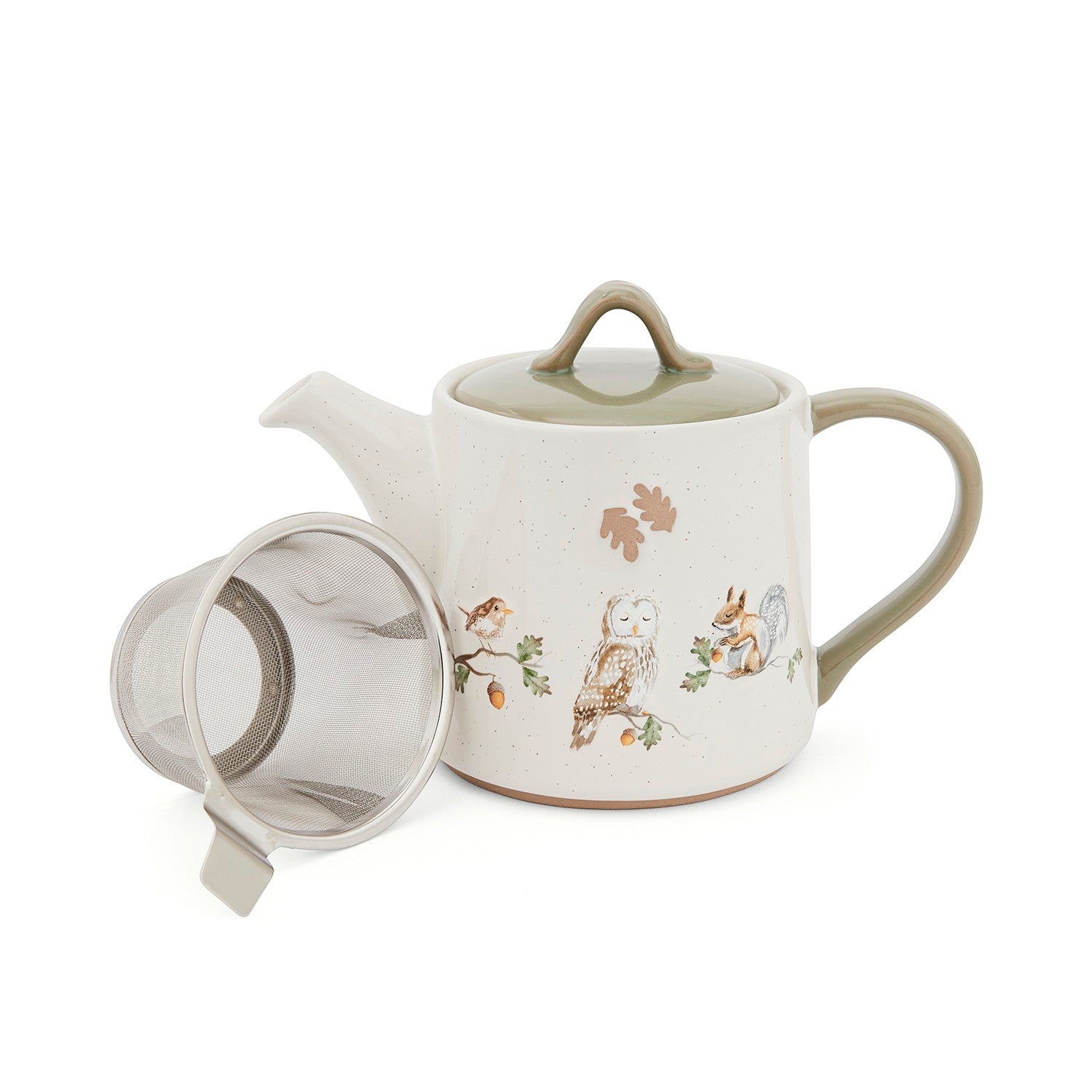 Cartco Cooksmart Forest Fable ceramic teapot with sage green lid and woodland animal illustrations and tea infuser.