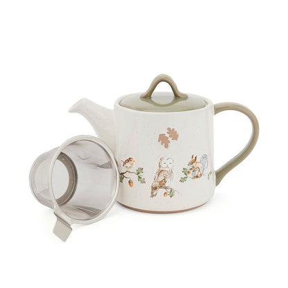 Cartco Cooksmart Forest Fable ceramic teapot with sage green lid and woodland animal illustrations and tea infuser.