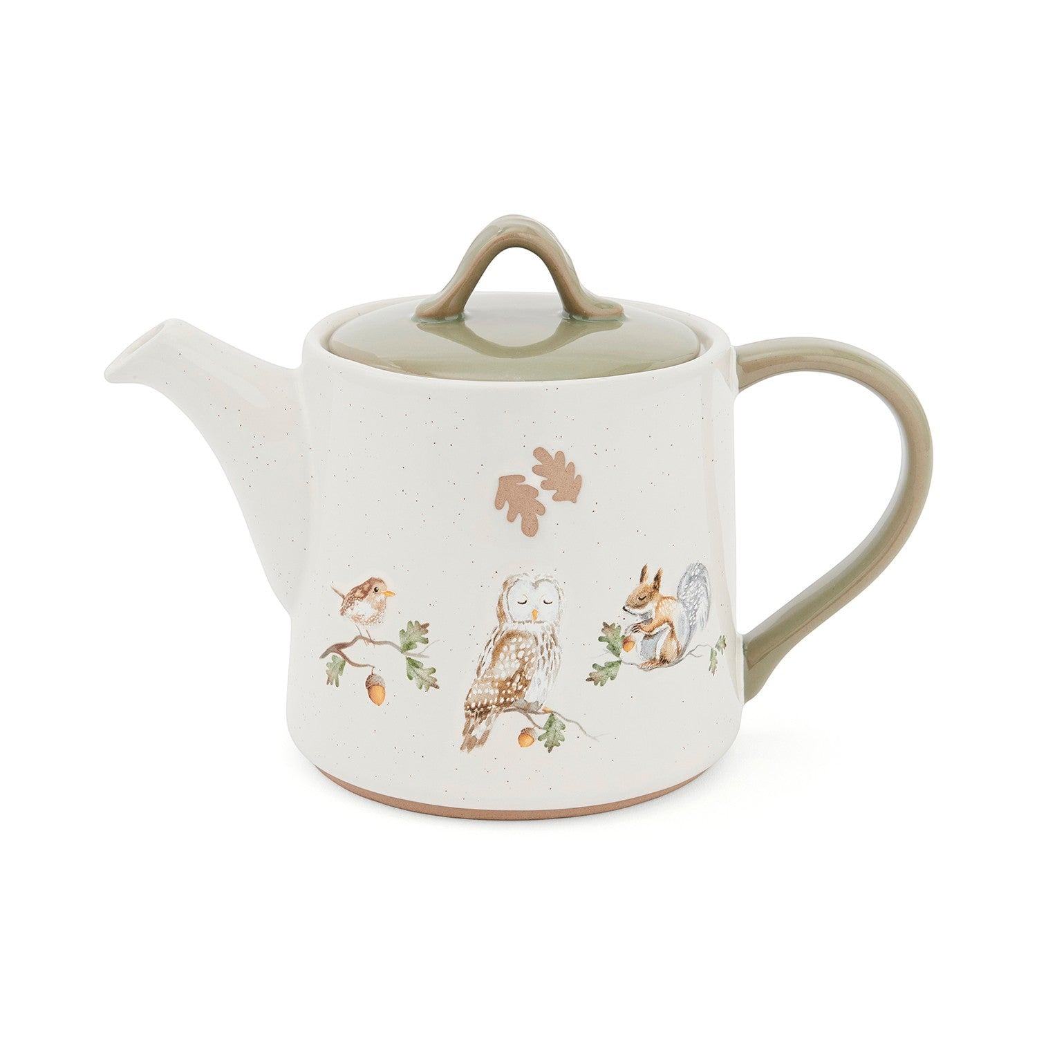 Cartco Cooksmart Forest Fable ceramic teapot with woodland owl, squirrel, and bird design, sage green lid, and infuser.