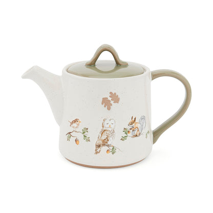 Cartco Cooksmart Forest Fable ceramic teapot with woodland owl, squirrel, and bird design, sage green lid, and infuser.