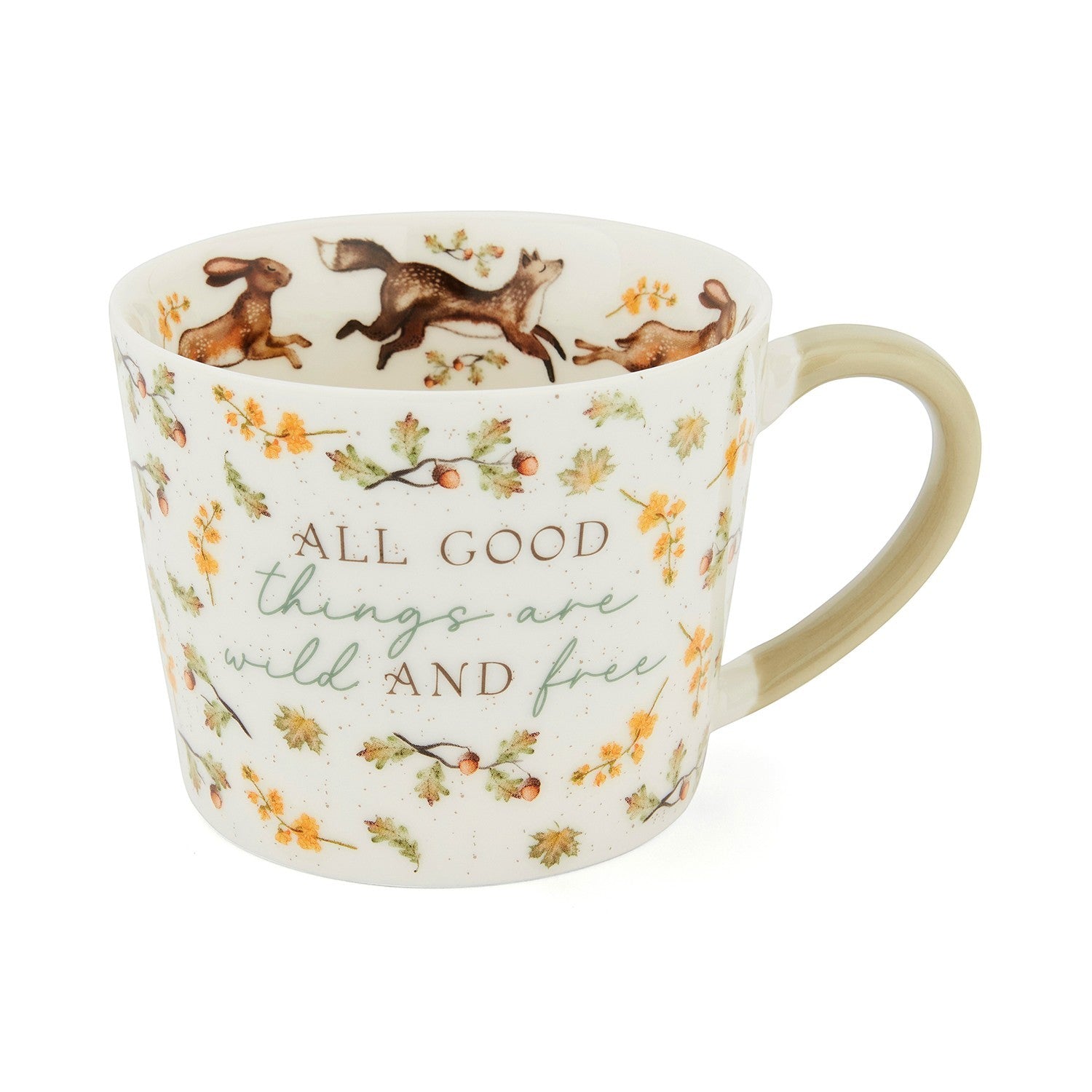 Cartco Cooksmart Forest Fable ceramic conical mug with botanical leaf, acorn, and woodland animal illustrations.