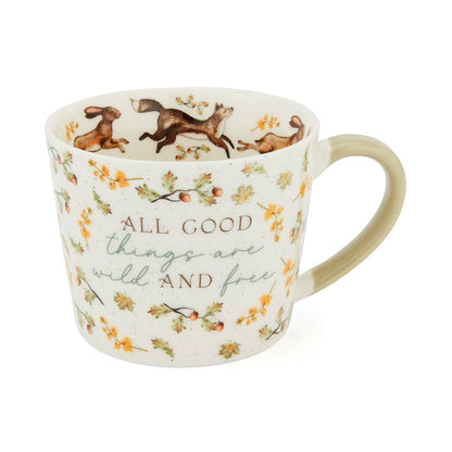Cartco Cooksmart Forest Fable ceramic conical mug with botanical leaf, acorn, and woodland animal illustrations.