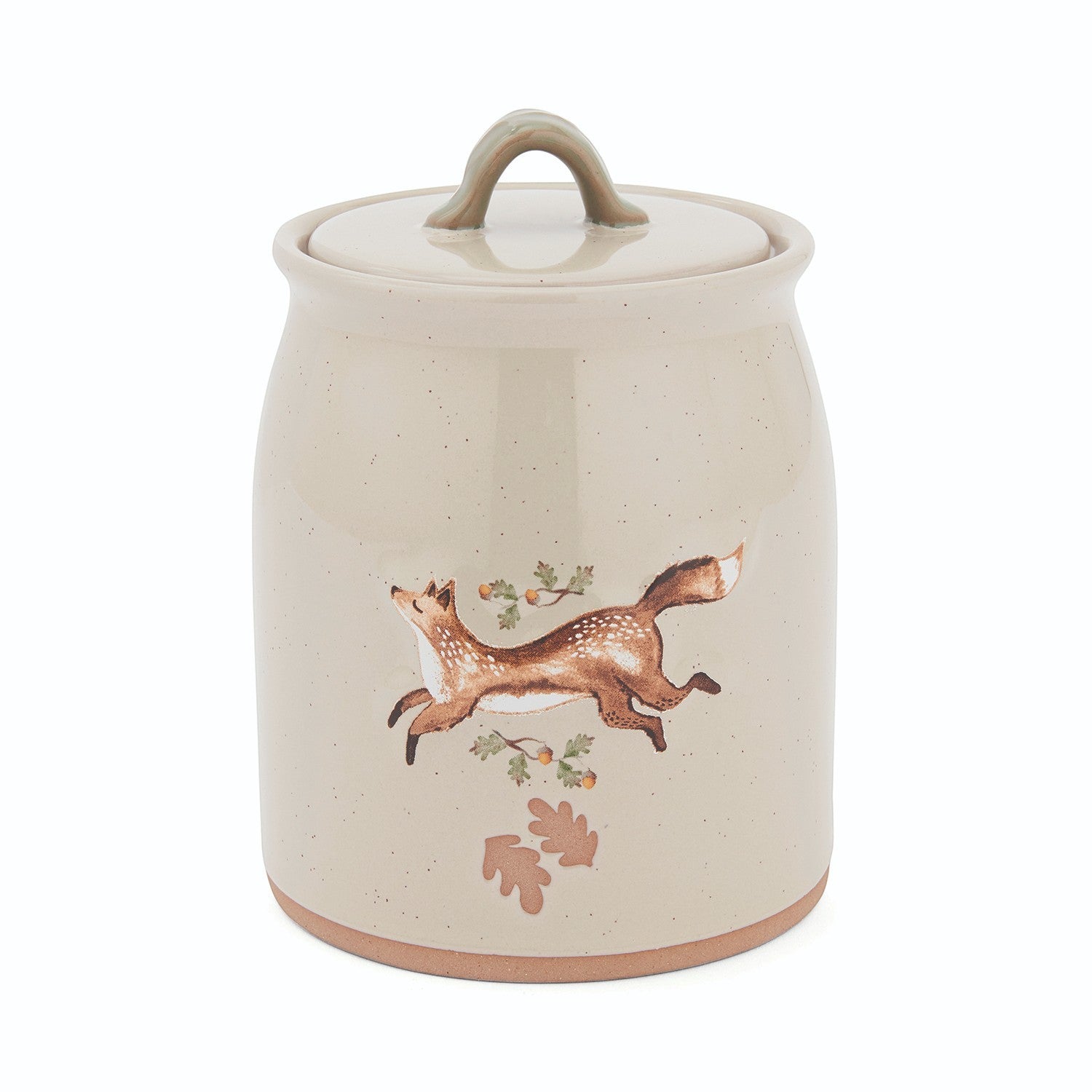 Cartco Cooksmart Forest Fable ceramic canister featuring a running fox illustration on a speckled cream glaze.