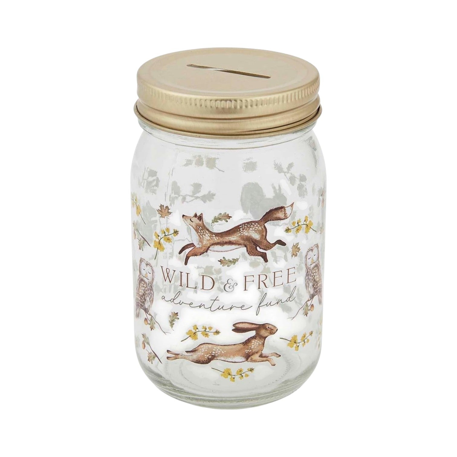 Cooksmart Forest Fable money jar with foxes, hare, owls, woodland foliage and gold-tone coin slot lid