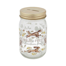 Cooksmart Forest Fable money jar with foxes, hare, owls, woodland foliage and gold-tone coin slot lid