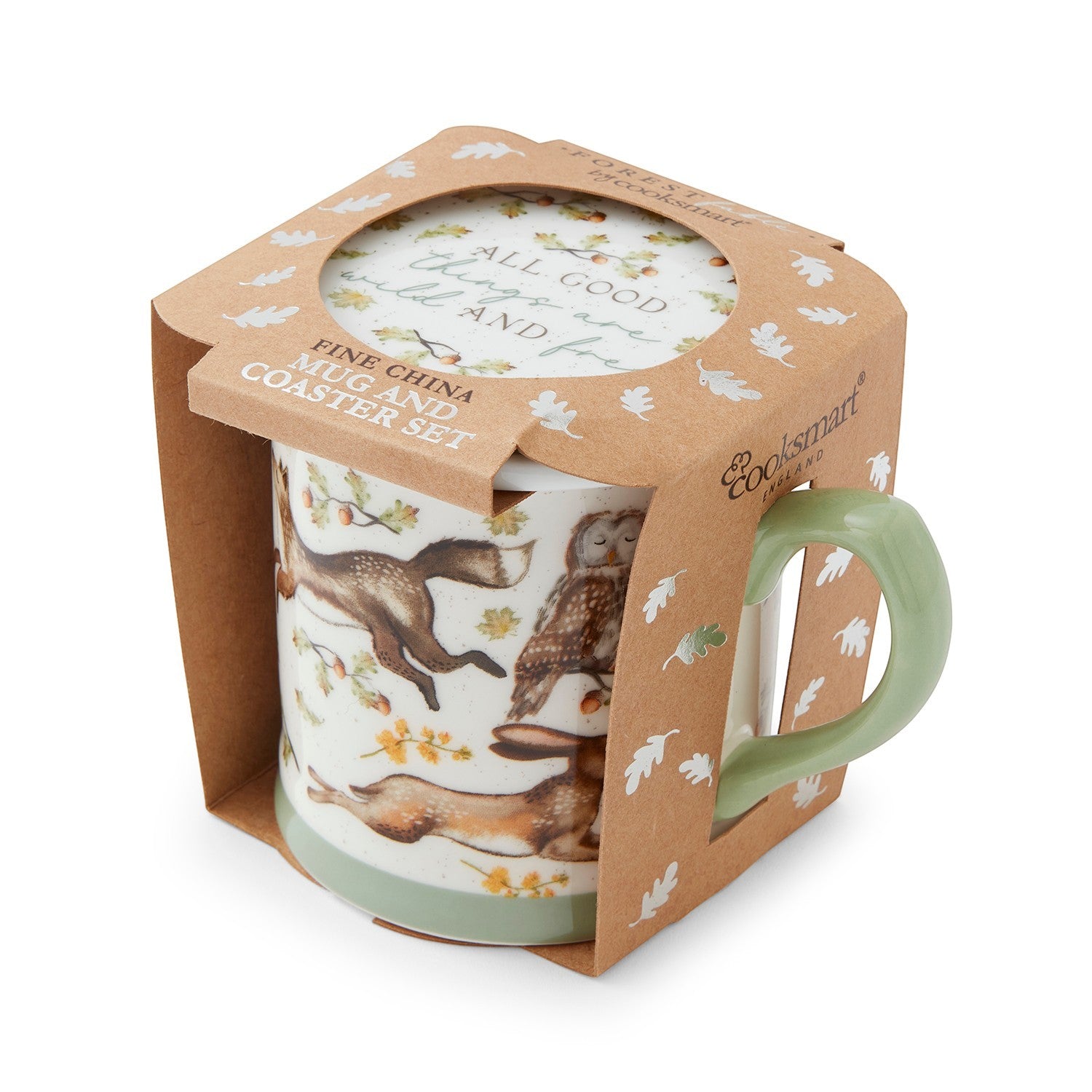 Cartco Cooksmart Forest Fable ceramic mug and coaster set with woodland animal illustrations and sage green handle.