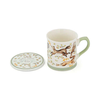Cartco Cooksmart Forest Fable ceramic mug and matching round coaster with woodland animal illustrations and sage green