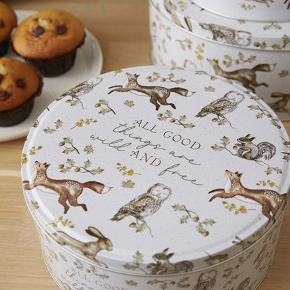 Cartco Cooksmart Forest Fable round cake tins featuring woodland animals and the quote All Good Things Are Wild
