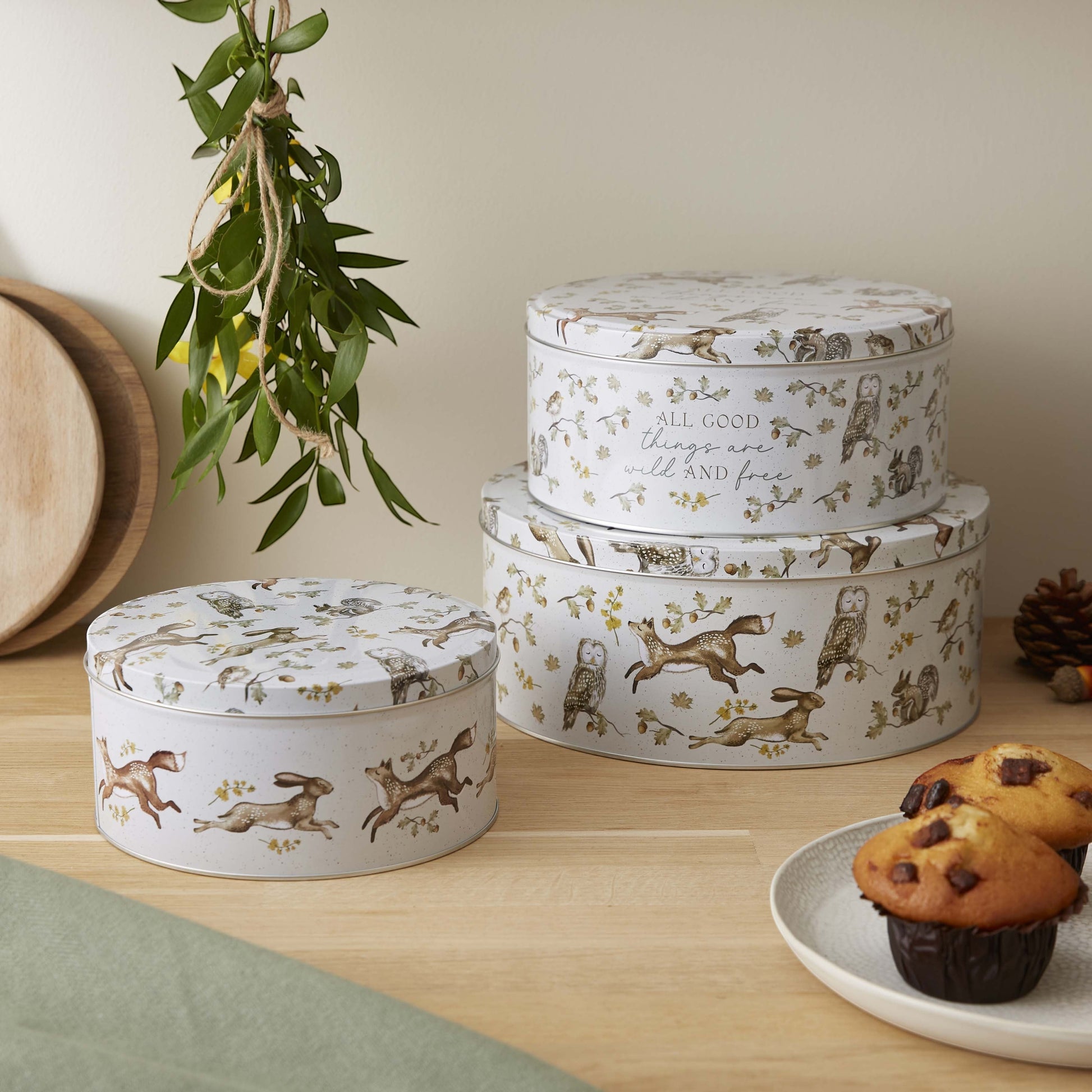Cartco Cooksmart Forest Fable set of three round nesting cake tins with woodland animal illustrations on a wooden table