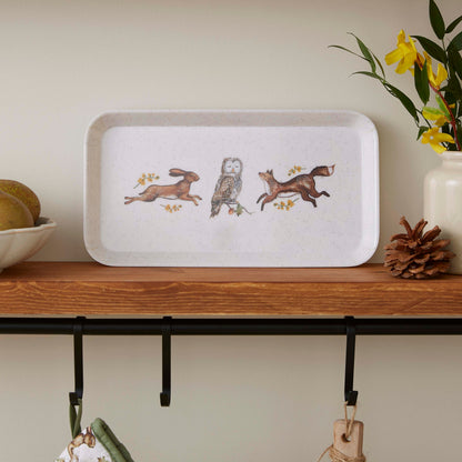 Cartco Cooksmart Forest Fable small rectangular tray with hare, owl, and fox illustrations on a cream background.