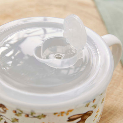 Cartco Cooksmart Forest Fable ceramic soup mug with a clear plastic lid featuring a steam vent